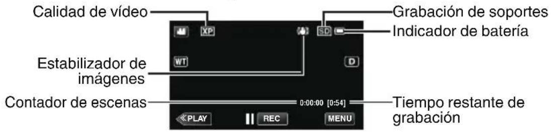Calidad de vídeo Estabilizador de imágenes Contador de escenas 0:00:00 [0:54] Play REC MENU Grabación de soportes Indicador de batería Tiempo restante de grabación