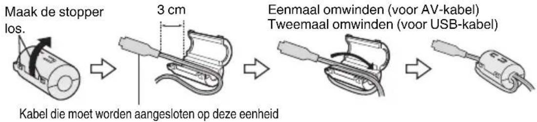 Maak de stopper los. 3 cm Eenmaal omwinden (voor AV-kabel) Tweemaal omwinden (voor USB-kabel) Kabel die moet worden aangesloten op deze eenheid