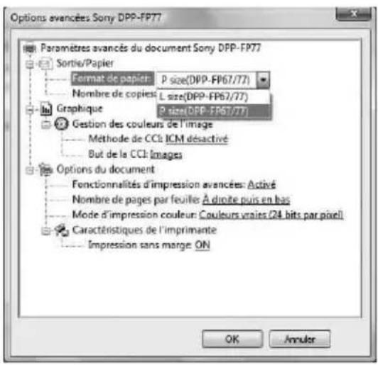 Options avancées Sony DPP-FP77 Paramètres avancés du document Sony DPP-FP77 Sortie/Papier Format de papier: P size(DPP-FP67/77) Nombre de copies: L size(DPP-FP67/77) Graphique P size(DPP-FP67/77) Gestion des couleurs de l'image Méthode de CCI: ICM désactivé But de la CCI: Images Options du document Fonctionnalités d'impression avancées: Activé Nombre de pages par feuille À droite puis en bas Mode d'impression couleur: Couleurs vraies (24 bits par pixel) Caractéristiques de l'imprimante Impression sans marge ON OK Annuler