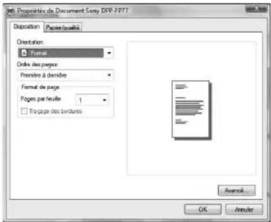 Propriété de Document Sony DPP-FP77 Disposition Paper/qualité Orientation Format Ordre des pages: Presnillo à dernière Format de page Pages par feuille 1 Trôpage des berdures Avance... OK Annulé
