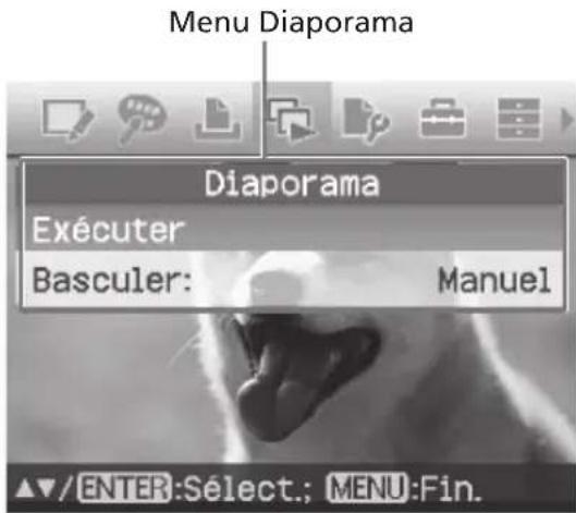 Menu Diaporama Diaporama Exécuter Basculer: Manuel ▲▼/ENTER:Sélect.; MENU:Fin.