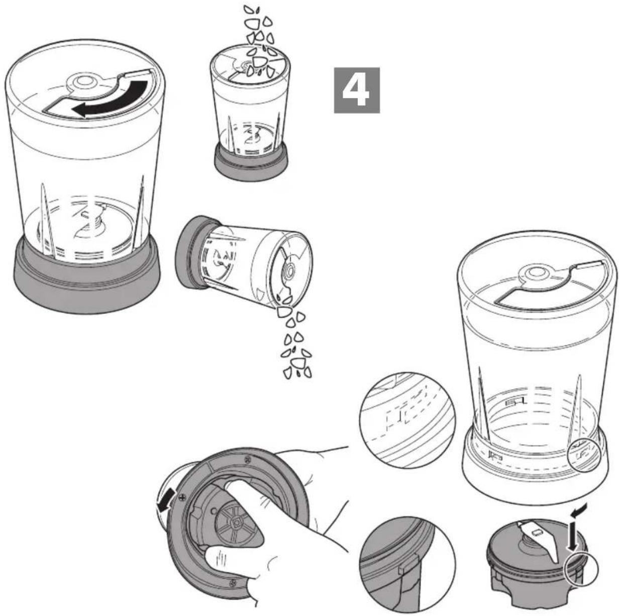 Illustration showing a food cleaning procedure for a blender, with steps from mixing to cleaning and packaging.