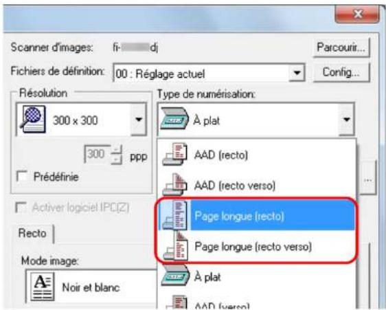 Scanner d'images: fi: dj Fichiers de définition: 00 : Réglage actuel Parcourir... Config... Résolution 300 x 300 Type de numérisation: À plat 300 ppp Prédéfinie AAD (recto) AAD (recto verso) Activer logiciel IPC(Z) Page longue (recto) Page longue (recto verso) Recto Mode image: Noir et blanc À plat AAD (verso)