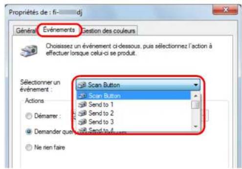 Propriétés de : fi-____dj Général Événements Gestion des couleurs Choisissez un événement ci-dessous, puis sélectionnez l'action à effectuer lorsque celui-ci se produit. Sélectionner un événement : Scan Button Scan Button Send to 1 Send to 2 Send to 3 Send to 4 Actions Démarrer : Demander que: Ne rien faire