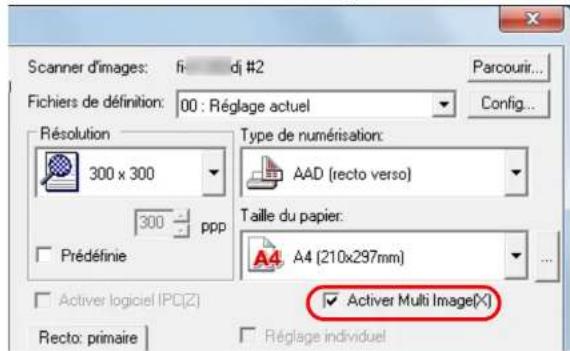 Scanner d'images: fi: dj #2 Fichiers de définition: 00 : Réglage actuel Parcourir... Config... Résolution 300 x 300 Type de numérisation: AAD (recto verso) Taille du papier: 300 ppp A4 (210x297mm) Prédéfinie Activer logiciel IPC(Z) Activer Multi Image(X) Recto: primaire Réglage individuel