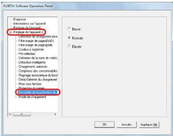 FUJITSU Software Operation Panel - Diagnisse Informations sur l'apparel Réduits de l'apparel - Reglage de l'apparel 2 - Detection de chargement exce - Fête marge de pages(MAD) - Fête marge de pages(en)# - Couleur à supérie - Pré-selection - Définition de la zone de vitric. - Detection intelligente - Chargements autorisés - Compreurs des corsonnables - Rognage automatique du bord - Detai d'alerte du chargement - Mise sous tension - Protection du portier - Sensitise de la protection du 1 - Mode de chargement ○ Bose ● Nomale ○ Elevée OK Annexe Applique (A)