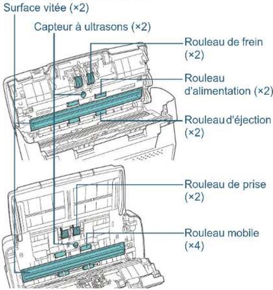 Surface vitée (×2) Capteur à ultrasons (×2) Rouleau de frein (×2) Rouleau d'alimentation (×2) Rouleau d'éjection (×2) Rouleau de prise (×2) Rouleau mobile (×4)