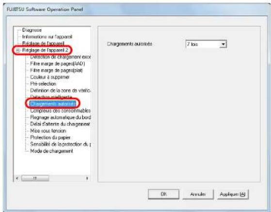 FUJITSU Software Operation Panel Diagnose Informations sur l'apparel Réclure de l'apparel - Replage de l'apparel 2 - Detection de chargement exce - Filtre marge de pages(AAD) - Filtre marge de pages(plate) - Couleur à suppemer - Pré-selection - Définition de la zone de vitrio - Detection multiplies - Chargements autorités - Compteur des corsoommables - Reignage automatique du bord - Dési d'atente du chargement - Mise sous tension - Protection du papier - Sensibilité de la protection du p - Mode de chargement Chargements autorités: 7 los OK Approves Applique (A)