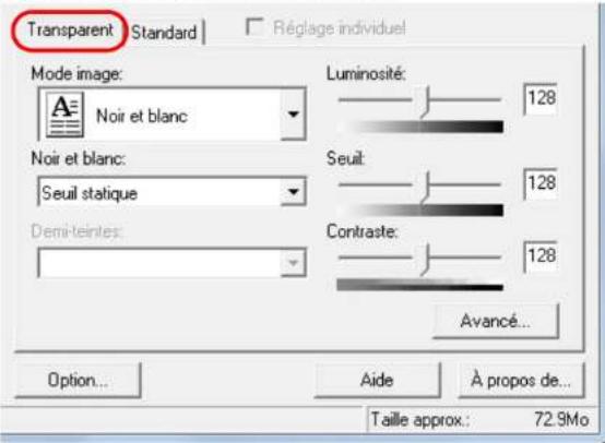 Transparent Standard Réglage individuel Mode image: Noir et blanc Luminosité: 128 Noir et blanc: Seuil statique Seuit 128 Demi-teintes: Contraste: 128 Avancé... Option... Aide À propos de... Taille approx.: 72.9Mo
