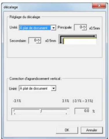 décalage Réglage du décalage Unité: A plat de document Principale: 0- x0.5mm Secondaire: 0- x0.5mm Correction d'agrandissement vertical: Unité: A plat de document -3.1% 3.1% (-3.1% - 3.1%) 0.0 % OK Annuler