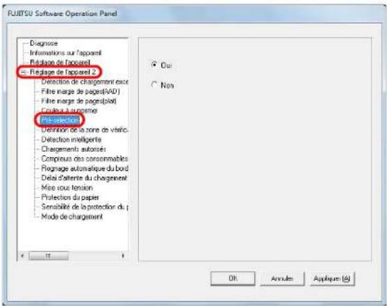 FUJITSU Software Operation Panel - Diagnose - Informations sur l'apparel - Réclage de l'apparel - Reglage de l'apparel 2 - Detection de chargement exer - Fête marge de pages(VAD) - Fête marge de pages(plot) - Coûte à l'apparele - Pre-selectant - Démission de la zone de vâtric. - Détection intelligente - Chargements autorisés - Comprous des consommables - Rognage automatique du bord - Dela d'atente du chargement - Mise sous tension - Protection du papier - Sensabilité de la protection du - Mode de chargement • Cui • Non OK Anode Applique (A)