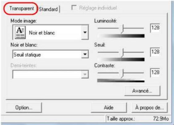 Transparent | Standard | Réglage individuel Mode image: Noir et blanc Luminosité: 128 Noir et blanc: Seuil statique Seuil: 128 Demi-tertes: Contraste: 128 Avancé... Option... Aide À propos de... Taille approx: 72.9Mo