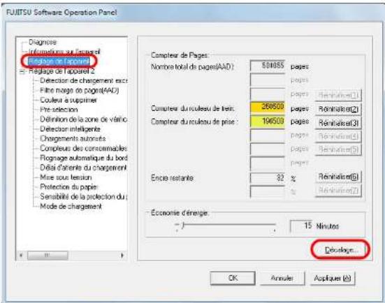 FUJITSU Software Operation Panel Diagnisse Information ou l'haierel Page de l'apparel Page de l'apparel 2 Detection de chargement exti Fibre marge de pages(AAD) Couvelu à supprimer Pre selection Définition de la zone de vâtric Detection intelligente Chargements autorités Compleurs des consommables Rognage automatique du bord Délai d'orientation du chargement Mise sous tension Protection du papie Sensabilité de la protection du Mode de chargement Compteur de Pages: Nombre total de pages(AAD): 501055 pages pages pages pages Reinstatement(1) Compteur du rouleau de liets: 269500 pages Reinstatement(2) Compteur du rouleau de prise: 196500 pages Reinstatement(3) pages Reinstatement(4) pages Reinstatement(5) pages Reinstatement(6) pages Reinstatement(7) Encre restante 82 % Reinstatement(8) Reinstatement(9) Economie d'énergie: 15 Minutes Dévaluation... OK Annuler Appliquant (A)