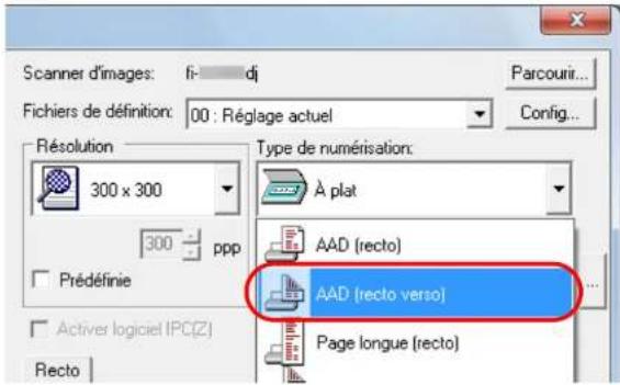 Scanner d'images: fi- di Fichiers de définition: 00 : Réglage actuel Parcourir... Config... Résolution 300 x 300 Type de numérisation: À plat 300 ppp Prédéfinie AAD (recto) AAD [recto verso] Active logiciel IPC(Z) Page longue (recto) Recto