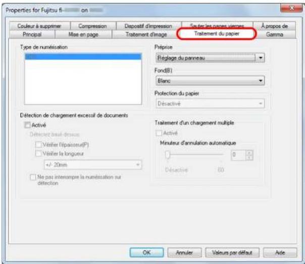 Properties for Fujitsu fin on Couleur à supprimer Compression Dispositif d'impression Foster les pages viernes À propos de Principal Mas en page Traitement d'image Tratement du papier Type de numérisation Périese Réglage du panneau Fond(B) Blanc Protection du papier Désactivé Détection de chargement excessif de documents □ Activé Détection Brasil dessus □ Vélier l'épaisseur(P) □ Vélier la longueur +/- 20mm □ No pas intercompre la numérisation sur détection Tratement d'un chargement multiple □ Activé Minuteur d'annulation automatique 0 Désactive 60 OK Annuler Valeurs par défaut Aide