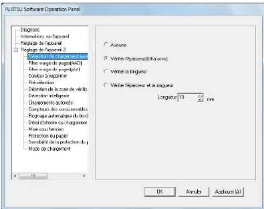 RUIITSU Software Operation Panel Diagnose Intérations sur l'apacnel Réglage de l'apacnel Réglage de l'apacnel 2 Départure de l'épicateur et le Fibre marge des pages(VAD) Fibre marge de pages(pie) Couleur à supérer Pré-pération Définition de la zone de vétil- Détection intelligentes Chagements autorels Compteurs des consommables Rograpie autorelque du bord Délal d'atente ou chagement Mise sous tension Protéction d'upaper Sensabilité de la protection du Mode de chagement Accune Verise l'épicateur(à iltra son) Verise la longueur Verise l'épicateur et la longueur Longueur: 10 mm OK Annuler Appliquer (A)
