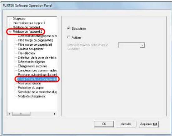 FUJITSU Software Operation Panel Diagnisse Informations sur l'apparel Réglage de l'apparel Réglage de l'apparel 2 • Detection de chargement exc • Filtre marge no pages(AA2) • Filtre marge de cagedéplat • Louleur à supprimer • Pré-sélection • Définition de la zone de vétilic • Définition intelligentes • Chargements autorisée • Compleurs des consommables • Romaine automatique du bord • Orai d'alerte du chargement Mise sous tension Protection du papie Sensibilité de la protection du Mode de chargement Déactret Activer Intervalle maximal entre chaque document OK Annule Appliqués (R)
