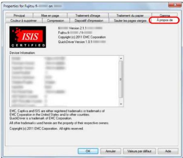 Properties for Fujitsu fi on Principal Mise en page Tratement d'image Tratement du papier Couleur à suppérer Compression Dispositif d'impression Sauter les pages vierges Gamma À propos de ISIS CERTIFIED 6 Version 2.1.1 Fujitsu 5 / 6- Copyright (c) 2011 EMC Corporation QuickDriver Version 1.0.1 Device Information: EMC. Captiva and ISIS are either registered trademarks or trademarks of EMC Corporation in the United States and/or other countries. QuickDriver is a trademark of EMC Corporation. All other trademarks used herein are the property of their respective owners. Copyright (c) 2011 EMC Corporation. All rights reserved. OK Annuler Valeurs par défaut Aide