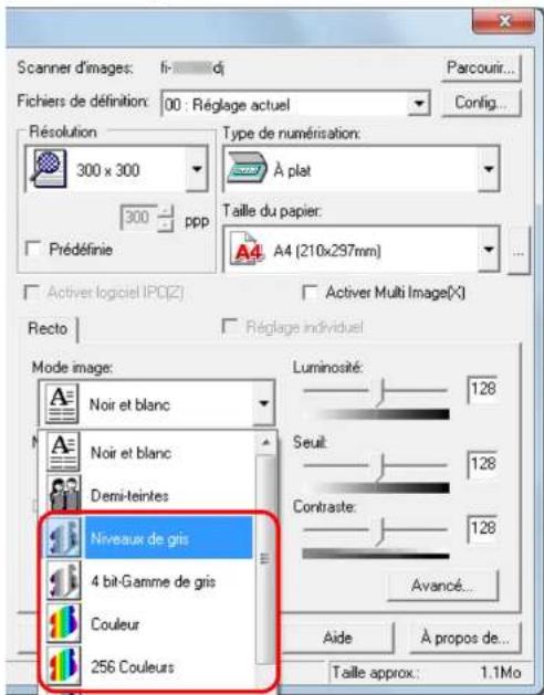 Scanner d'images: fi...di Fichiers de définition: 00 : Réglage actuel Parcourir... Config... Frésolution 300 x 300 300 ppp Prédéfinie Type de numérisation: À plat Taille du papier: A4 (210x297mm) Activer logiciel IPC(Z) Active Multi Image(X) Recto Réglage individuel Mode image: Noir et blanc Noir et blanc Demi-teintes Niveaux de gris 4 bit-Gamme de gris Couleur 256 Couleurs Luminosité: 128 Seuit: 128 Contraste: 128 Avancé... Aide À propos de... Taille approx: 1.1Mo
