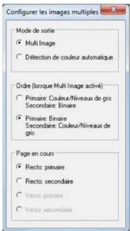 Configurer les images multiples Mode de sortie • Multi Image • Détection de couleur automatique Ordre (lorsque Multi Image active) • Primaire: Couleur/Niveaux de gris Secondaire: Binaire • Primaire: Binaire Secondaire: Couleur/Niveaux de gris Page en cours • Recto: primaire • Recto: secondaire • Verso: primaire • Verso: secondaire