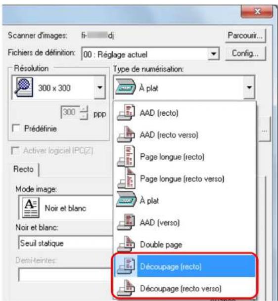 Scanner d'images: fi- di Fichiers de définition: 00 : Réglage actuel Parcourir... Config... Résolution 300 x 300 300 ppp Prédéfinie Activer logiciel IPC(Z) Recto Mode image: Noir et blanc Noir et blanc: Seuil statique Demiteintes: Type de numérisation: À plat AAD (recto) AAD (recto verso) Page longue (recto) Page longue (recto verso) À plat AAD (verso) Double page Découpage (recto) Découpage (recto verso)