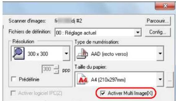 Scanner d'images: fi: dj #2 Fichiers de définition: 00 : Réglage actuel Parcourir... Config... Résolution 300 x 300 Type de numérisation: AAD (recto verso) Taille du papier: 300 ppp A4 (210x297mm) Prédéfinie Activer Multi Image(X)