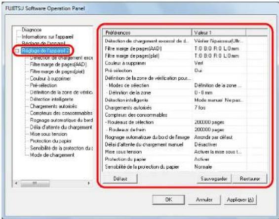 FUJITSU Software Operation Panel Diagnostics Informations sur l'apparel Récours de l'apparel Rediction de l'apparel 2 - Détection de chargement estc - Filtre marge de pages(AAD) - Filtre marge de pages(plot) - Couleur à supprimer - Pré sélection - Définition de la zone de vérific. - Détection intelligente - Chargements automisés - Compteurs des consommables - Rognage automatique du bord - Délà d'altente du chargement - Mise sous tension - Protection du papier - Sensibilité de la protection du - Mode de chargement Préférences Vérifier 1 Définition de chargement exceval de L... Fibre marge de pages(AAD) T:0 B 0 R 0 L 0 mm Fibre marge de pages(plot) T:0 B 0 R 0 L 0 mm Couleur à supprimer Veri Prel selection Oui Définition de la zone de vérification pour... - Modes de sélection - Définition de la zone 0 - 0 mm Définition intelligente Mode manuel. Ne pas... Chargements automisés 7 los Compteurs des consommables - Roulleurs de sélection 200000 pages - Roulleurs de finin 200000 pages Rognage automatique du bord de l'image Arrondir par délect Défali d'altente du chargement manuel Déactiner Active la mise sous t... Mise sous tension Active Protection du papier Sensibilité de la protection du papier Nomale Détout Sauvogardor Restaurer OK Annuler Applayer (A)
