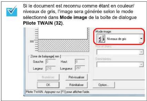 Si le document est reconnu comme étant en couleur/ niveaux de gris, l'image sera générée selon le mode sélectionné dans Mode image de la boîte de dialogue Pilote TWAIN (32). Mode image: Niveaux de gris Nou et Blanc: Zone de balayage[ nm ] Gauche: 0 Haut: 0 Largeur: 210 Longueur: 297 Numériser Prévisualiser OK Réinitialiser Option... Pilote TWAIN. Appuyez sur [F1] pour afficher l'aide.