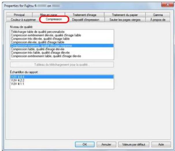 Properties for Fujitsu fi: on Principal Mise en page Tratement d'image Tratement du papier Gamma Couleur à supprimer Compression Dispositif d'impression Sauter les pages vierges À propos de Niveau de qualité: Télécharger table de qualité personnalisée Compression extrêmement élevée, qualité d'image fable Compression très élevée, qualité d'image fable Compression élevée, qualité d'image fable Compression moyenne, qualité d'image moyenne Compression fable, qualité d'image élevée Compression très fable, qualité d'image élevée Compression extrêmement fable, qualité d'image élevée Tableau du téléchargement pour la qualité. Échantillon du rapport: YUV 4.4.4 YUV 4.2.2 YUV 4.1.1 OK Annuler Valeurs par défaut Ado