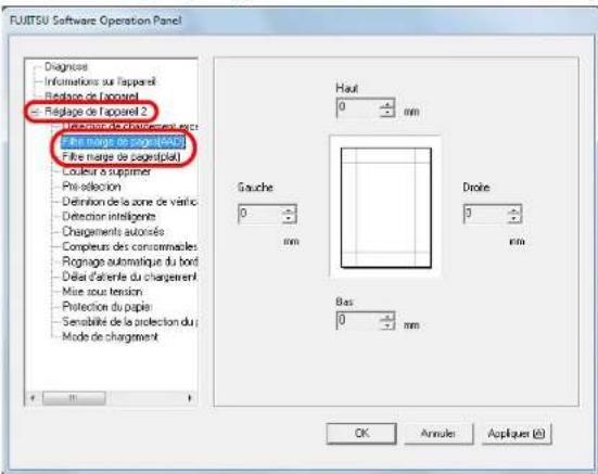 FUITTSU Software Operation Panel Diagnose Informations sur l'apparel Répage de l'apparel Répage de l'apparel 2 Fillet marge de page (EAC) Fillet marge de cagedplat Couleur à supprimer Prés selection Définition de la zone de varié Detection intelligente Chargements autorisée Compleurs des consommables Rognage automatique du bord Délat d'alerte du chargement Mise sous tension Protection du papier Senabilité de la protection du : Mode de chargement Haut 0 mm Gauge 0 mm Droite 0 mm Bas 0 mm OK Armable Appliquant (E)