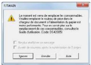 F/T/WAIN Le moment est venu de remplacer les concomables. Vuillez remplacer le réseau de prise dans le chargue de document all'alimentation du papier est maine performante. Pour en caser plus sur la replACEMENT de ces concomables, consultez le guide utilisation (Codes 05-42106) No plus remplacer ce message Avanti de nouveau après la nummision de 0 pages Ignore UAE Aire