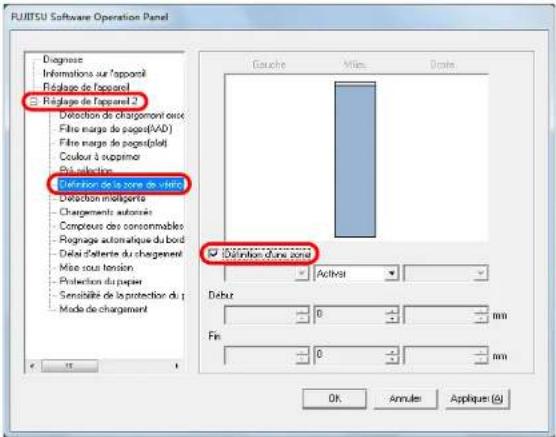 PUIITSU Software Operation Panel Diagnise Informations sur l'apparel Réclase de l'apparel Réglage de l'apparel 2 Detection de chargomont orai Fibre marge du page(AAD) Fibre marge du page(plate) Couvert à supmer Ret selection Definition de la zone de vletro Detection multiperte Chargements automées Compteurs des concommables Rognage automatique du bord Delei d'entrée du chargement Mise sous tension Protection du paper Sensibilité de la protection du p Mode de chargement Gauge Miles Drate Definition d'une zone Activit Debut 0 mm Fin 0 mm OK Annules Applique (A)