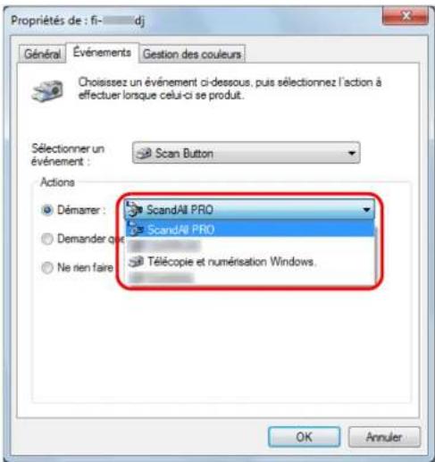 Propriétés de : fi-____dj Général Événements Gestion des couleurs Choisissez un événement ci-dessous, puis sélectionnez l'action à effectuer lorsque celui-ci se produit. Sélectionner un événement : Scan Button Actions Démarrer : ScandAll PRO Demander que ScandAll PRO Ne rien faire Télécopie et numérisation Windows. OK Annuler