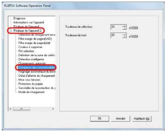 RUIITSU Software Operation Panel Diagnose Informations sur l'apparel Toutabo de l'apparel Réglage de l'apparel 2 - Detection de chargement notes - Filre marge de pages(VAD) - Filre marge de pages(plat) - Couleurs à suppemer - Pré selection - Definition de la zone de vérific - Detection intelligente - Displacements autorisé Conseaux des constructeurs Hoginage autonique du bord - Deta d'afferte du chargement - Mise sous tension - Protection du papier - Sensités de la protection du - Mode de chargement Roulessux de sélection 20 x10000 Roulessux de frein 20 x10000 OK Annuler Applique (E)