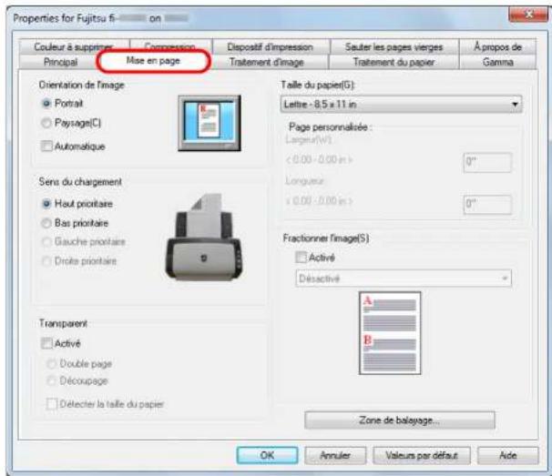 Properties for Fujitsu fi- on Couleur à supprimer Compression Dispostif d'impression Sauter les pages vierges À propos de Principal Traitement d'image Traitement du papier Gamma Mise en page Orientation de l'image Portrait Paysage(C) Automatique Sens du chargement Haut prioritaire Bas prioritaire Gauche prioritaire Droite prioritaire 9 Transparent Activé Double page Découpage Délecter la taille du papier Taille du papier(G): Lettie - 8,5 x 11 in Page personnalisée : Largen(W) <0.00 -0.00 in > 0" Longueur <0.00 -0.00 in > 0" Fractionner l'image(S) Activé Désactivé Zone de balayage... OK Annuler Valeurs par défaut Ade