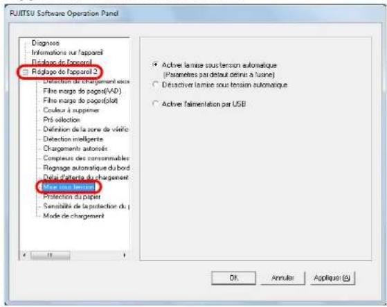DUITSU Software Operation Panel Diagnose Informations sur l'appareil Tédiage de chargerol Réglage de l'appareil 2 - Détection du chargement sous Fibre marge du page(AAD) Fibre marge du page(plat) Couleurs à suppemer Prés selection Définition de la zone de vératic Détection intelligente Chargements autorisés Compteurs des consommableurs Régénage automatique du bord Délà d'artite du chargement Mode des chargers Protection du papier Sensitables de la protection du Mode de chargement Active la mise sous tension automatique (Paramètres par detout démin à l'une) Detactiver la mise sous tension automatique Active finlementation par USB OK Annular Applique (E)