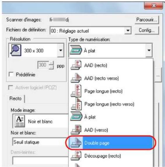 Scanner d'images: fi- di Fichiers de définition: 00 : Réglage actuel Parcourir... Config... Résolution 300 x 300 300 ppp Prédéfinie Activer logiciel IPC(Z) Recto Mode image: Noir et blanc Noir et blanc: Seuil statique Demi-teintes: Type de numérisation: À plat AAD (recto) AAD (recto verso) Page longue (recto) Page longue (recto verso) À plat AAD (verso) Double page Découpage (recto)