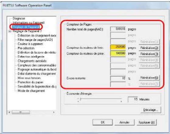 FUTTSU Software Operation Panel Diagnose Informations au l'ancarel Pétalou de l'apprénel Pétalou de l'apprénel 2 Décution de chargement exvo Filte marge de pages(AAD) Couleur à suppiner Présélection Définition de la zone de vério Définition intelligente Chargements autorisés Compleurs des concernables Rignage automatique du bord Distal datente du chargement Mise sous tonon Protection du paper Sensibilité de la protection du j Mode de chargement Compteur de Pages: Nombre total de pages(AAD) 50855 pages pages pages Reinbaliser(1) compteur du réseau de liets 25050 pages Reinbaliser(2) compteur du réseau de pliers 19550 pages Reinbaliser(3) pages Reinbaliser(4) pages Reinbaliser(5) pages Reinbaliser(6) pages Reinbaliser(7) Encro restante 32 % Economie d'énergie: 15 Minutes OK Annuler Applique (A)