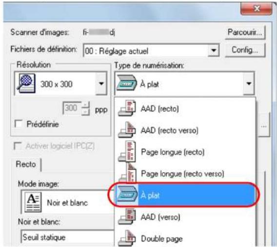 Scanner d'images: fi- di Fichiers de définition: 00 : Réglage actuel Parcourir... Config... Résolution 300 x 300 300 ppp Prédéfinie Activer logiciel IPC(Z) Recto Mode image: Noir et blanc Noir et blanc: Seuil statique Type de numérisation: À plat AAD (recto) AAD (recto verso) Page longue (recto) Page longue (recto verso) À plat AAD (verso) Double page