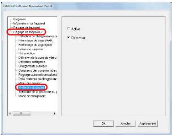 FUJITSU Software Operation Panel Diagnées Informations sur l'apparel Réglage de l'accueil Réglage de l'apparel 2 • Detection de chargement exception • Fille marge de pages(IAU) • Fille marge de pages(plat) • Couleur e suppemer • Pré selection • Definition de la zone de várlics • Detection intelligentes Chargements autorisés • Compteurs des consommables • Regnage automatique du bord • Déal d'affaire du chargement Mise aux incisions Protection du papier Sensitative de la protection du : Mode de chargement Active Désactiv OK Annuler Applique (E)