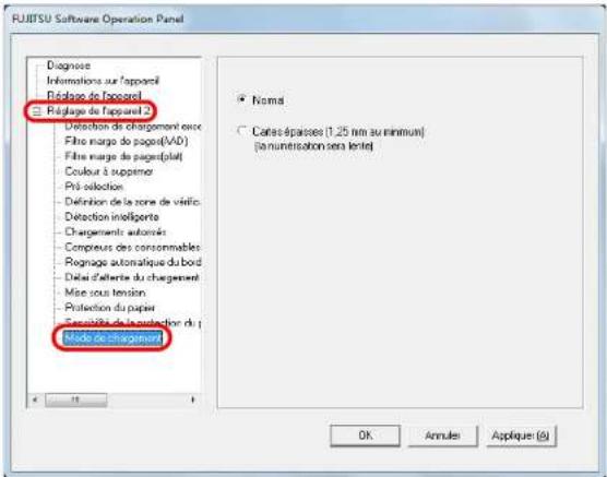 RUIITSU Software Operation Panel Diagnoses Informations sur l'appareil Bâtage de l'accueil Réglage de l'appareil 2 Détction du chargement estre Fibre marge du page(VAD) Fibre marge du page(plat) Couleur à supmeur Pré selection Definition de la zone de védéric Détection intelligente Chargements automés Compteurs des consommables Rognage automatique du bord Date d'alerte du chargement Mise sous tension Protection du papier Sécurité de la protection du Mode de chargement Name Carles épaisses (1,25 mm au minimum) (enumérisation sera texte) OK Annules Applique (A)