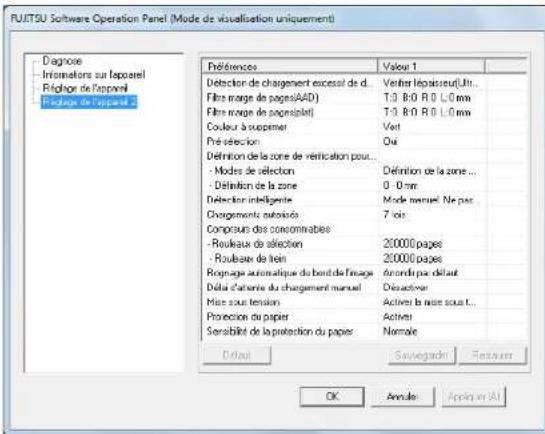 PUIITSU Software Operation Panel (Mode de visualisation uniquement) Dagocce - Informations sur lapasteil Râôloge de l'apenné Sétence et réception Références Défction de chargement excessal de d. Fibre marge de pages(AAD) Fibre marge de propriélet) Couleur à supprimer Pré sélection Définition de la zone de répartition pour... - Modes de sélection - Définition de la zone Définition intelligente Chorgements autoisoés Compôt des consommables - Rouleaux de sélection - Roubase de Klein Rognage automatique du band de l'image Délà d'altienne du chargement manuel Mise sous tension Protection du papier Sensabilité de la protection du papier Défaut Value 1 Veriter lépaisseur(Uit... T:0 B:0 R:0 L:0 mm T:0 B:0 R:0 L:0 mm Vent Oui Définition de la zone ... 0 - 0 mm Mode manuel Ne pas... 7 fois 20000 pages 20000 pages Awards par défaut Disactiver Actives la mise sous t... Actives Normale Sauvegardin Restaur OK Annulé Applir au AI