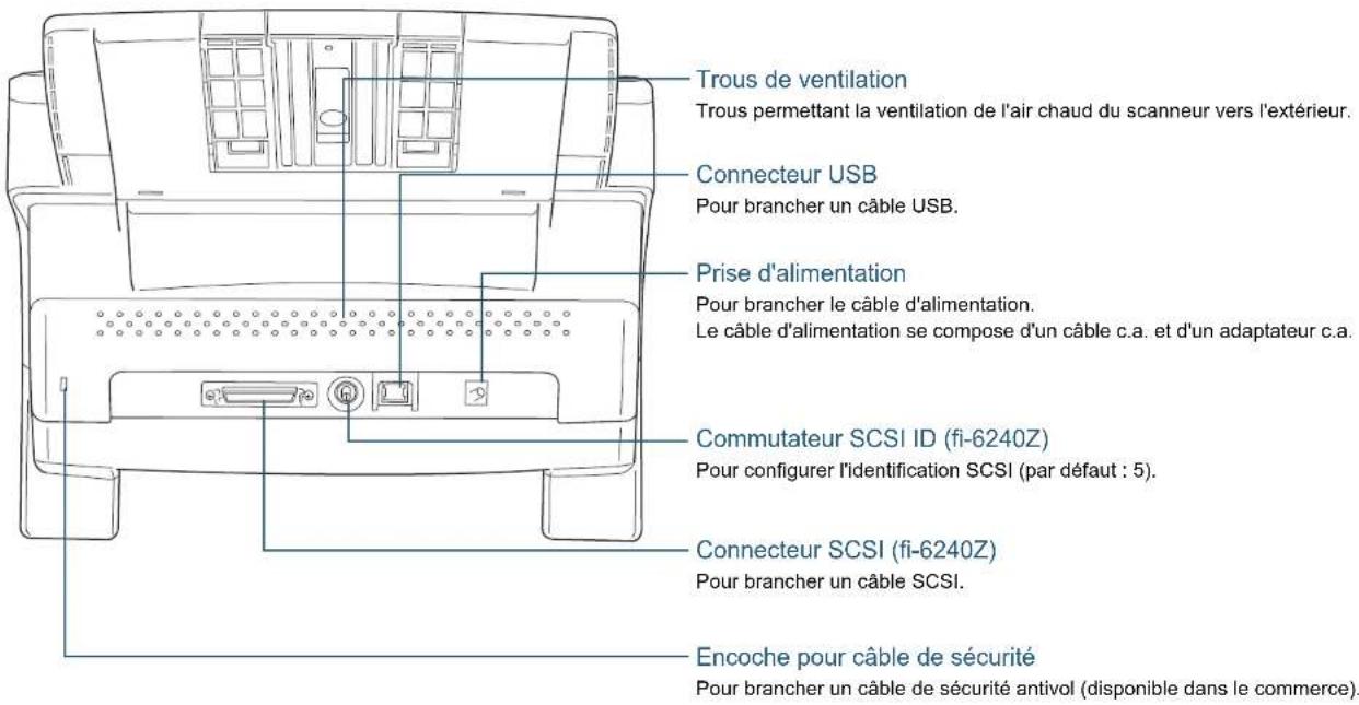 Trous de ventilation Trous permettant la ventilation de l'air chaud du scanneur vers l'extérieur. Connecteur USB Pour brancher un câble USB. Prise d'alimentation Pour brancher le câble d'alimentation. Le câble d'alimentation se compose d'un câble c.a. et d'un adaptateur c.a. Commutateur SCSI ID (fi-6240Z) Pour configurer l'identification SCSI (par défaut : 5). Connecteur SCSI (fi-6240Z) Pour brancher un câble SCSI. Encoche pour câble de sécurité Pour brancher un câble de sécurité antivol (disponible dans le commerce).