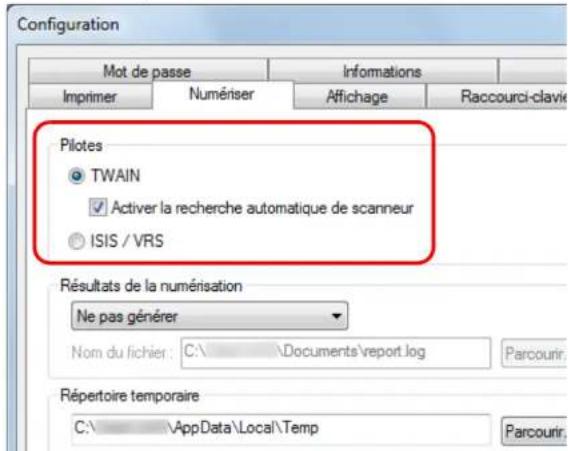 Configuration Mot de passe Informations Imprimer Numériser Affichage Raccourci-clavir Pilotes TWAIN Activer la recherche automatique de scanneur ISIS / VRS Résultats de la numérisation Ne pas générer Nom du fichier: C:\Documents\report.log Parcourir: Répertoire temporaire C:\AppData\Local\Temp Parcourir: