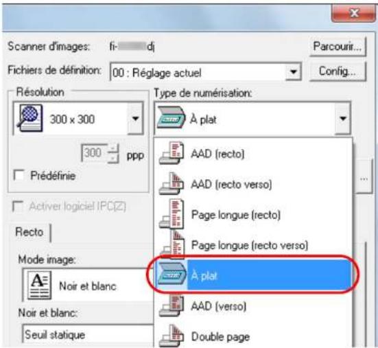 Scanner d'images: fi- dj Fichiers de définition: 00 : Réglage actuel Parcourir... Config... Plésolution 300 x 300 300 ppp Prédéfinie Activer logiciel IPC(Z) Type de numérisation: À plat AAD (recto) AAD (recto verso) Page longue (recto) Page longue (recto verso) A plat AAD (verso) Double page Mode image: Noir et blanc Noir et blanc: Seuil statique