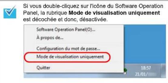 Si vous double-cliquez sur l'icône du Software Operation Panel, la rubrique Mode de visualisation uniquement est décochée et donc, désactivée. Software Operation Panel(O)... À propos de... Configuration du mot de passe... Mode de visualisation uniquement Quitter 18:57 21/01/