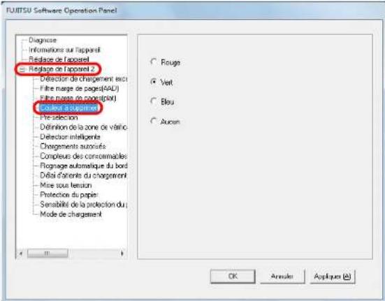 FUJITSU Software Operation Panel Diagnose Informations au l'apparel Rédage de l'apparel Réglage de l'apparel 2 Défector de chargement exci Fibre narge de pages(AAD) File name de conçulé(en) Coules d'apprent Pre sélection Définition de la zone de vâtric Défector intelligente Chargements autorisés Compleurs des consommables Rognage automatique du bord Délai d'orientation du chargement Mise sous tension Protection du papier Sensabilité de la protection du Mode de chargement Rouge Vert Blau Auton OK Annexe Appliqués (A)