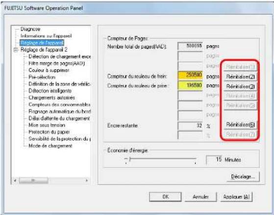 FUTTSU Software Operation Panel Diagnice Informations sur l'apparel Réglage de l'apparel Réglage de l'apparel 2 Défction de chargement except Filee marge de pages(AAD) Couleur à suppressor Pre-selection Definition de la zone de véric Défction intelligentes Chargements automatics Complours des conformables Rognage automatique du bord Délai d'altente du chargement Mise sous tension Protection du paper Sensibilité de la protection du p Mode de chargement Compôtur de Pages: Nombre total de pages(AAD): 500000 pages pages pages Reinbisis(1) compôtur du rouleau de finir: 25000 pages Reinbisis(2) compôtur du rouleau de prie: 19500 pages Reinbisis(3) pages Reinbisis(4) pages Reinbisis(5) pages Reinbisis(6) pages Reinbisis(7) Encre restante: 32 % % Economie d'énergie: 15 Minutes Décalage... OK Annuler Applique (A)