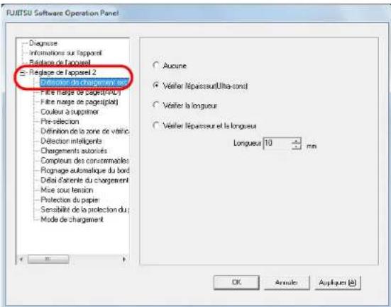 FUJITSU Software Operation Panel - Diagnose - Informations sur l'apparel - Résistance de l'apparel - Régage de l'apparel 2 - Dégoiseur de chargement reg. - Faire marge de cagure[190V] - Faire marge de pagesplit - Couleur à supprimer - Pre-selection - Définition de la zone de vâtric - Détection intelligente - Chargements autorisés - Compteur des consommables - Rognage automatique du bord - Délai d'orientation du chargement - Mise sous tension - Protection du papier - Sensabilité de la protection du - Mode de chargement Aucune Védiér répassur Ultra-sonul Védiér la longueur Védiér répassur et la longueur Longueur 10 mm OK Annexe Applique (E)