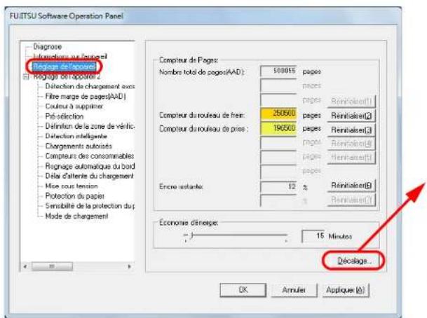 FUIITSU Software Operation Panel Diagnose L'interdiction au fronteil Régage de l'apprésel Régage de rappositions Détention de chargement avec Férie marge de pages(AAD) Couteur à suppiner Pis sélection Definition de la zone de vérific. Detection intelligentes Chorgements autorisés Compteurs des consommables Régage automatique du bord Délai d'attenite du chargement Mise sous tension Protection du papier Sensibilité de la protection du Mode de chargement Compcteur de Pages: Nombre total de pages(AAD): 500015 pages pages pages Renékoire(1) Compcteur du rouleau de frein: 250500 pages Renékoire(2) Compcteur du rouleau de prise : 196500 pages Renékoire(3) pages Renékoire(4) pages Renékoire(5) pages Renékoire(6) pages Renékoire(7) Encre restante: 12 % % Renékoire(8) % Renékoire(9) Economie dénergie: - 15 Minutes Décelage... OK Annuler Applique (a)